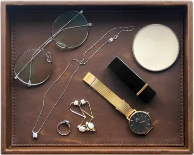 Leather Brown Rectangular Catchall Key Jewelry Perfume Glasses Watches Valet Tray Basket Organizer