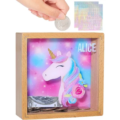Wooden square Piggy Bank Coin Piggy Bank Unicorn Sticker Piggy Bank