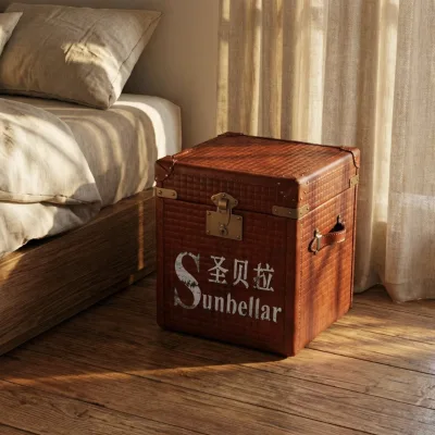 Customizable Genuine Leather Nightstand Steamer Trunk Cabinet Midcentury Bedside Table Wooden Bedroom Furniture
