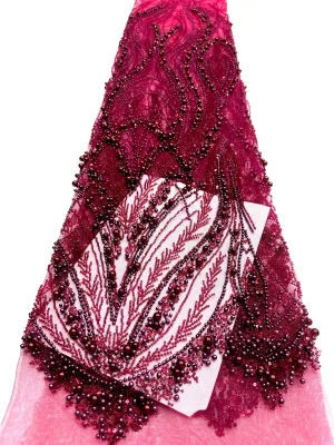 High Quality Handmade Beaded Burgundy Fabric Lace