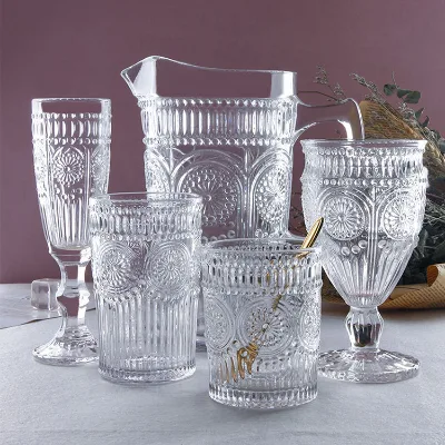 Vintage Embossed Sunflower Pattern Clear Glass Pitcher Glass Water Jug and Glass Wine Cup Set