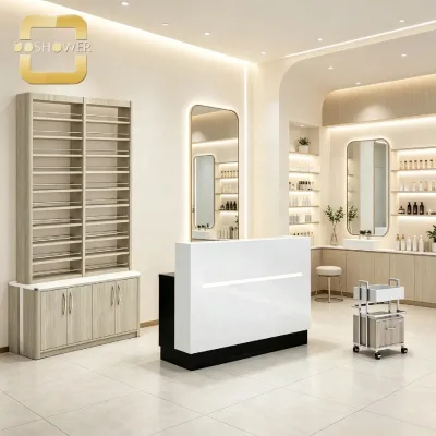 Modern Salon Reception Desk with Built in Horizontal Ambient Light Strip and Hidden Inner Storage Cabinet for Beauty Spa