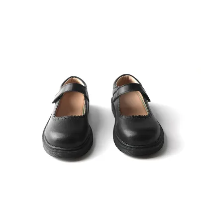 Kids Girls Black Scalloped Edge Leather School Shoes Anti-slip Soft Sole Mary Jane Shoes