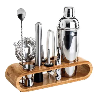 Factory Hot Selling Professional Bartender Kit Stainless Steel Shaker bar Ware Tools Set of 10 Pcs with Bamboo Stand