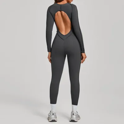 Women Thermal Yoga Jumpsuit Long Sleeve Back Sculpt Fitness Bodysuit Workout Training Suit Outdoor Wear