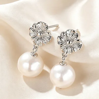 925 Silver 18K Gold Plated Flower Shape Drop Earrings for Womens Party Baroque Oversize Pearl Earrings