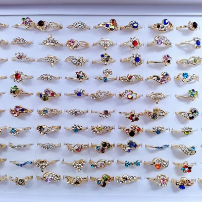 Fashion Wholesale Gold Rings Colorful Rhinestone Women Vintage Fashion Trendy Ring Mixed for Boutique Resale Jewelry