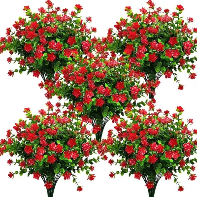 10 Bundles Artificial Fake Flowers Faux Outdoor Plastic Plants UV Resistant Shrubs (Red-Eucalyptus) 13.39x13.39x8.6 Inches