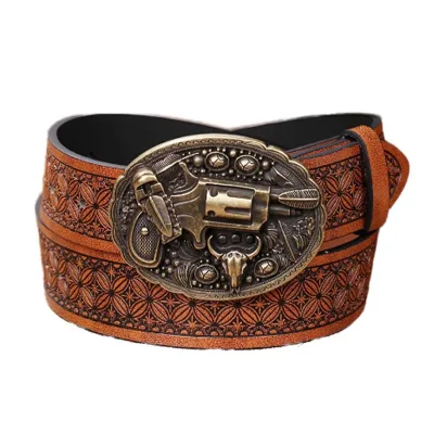 Men's Large Plate Buckle Western Denim Belt Retro Casual Styling Floral Design Alloy 4cm Width 105-125cm Length LXS-P168