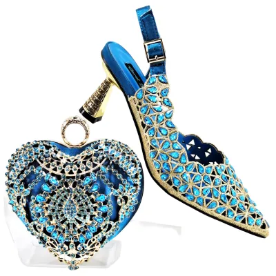 Hot Selling 2025 Women's Wedges High Heel African Matching Shoe and Bag Set with Rhinestones Closed Toe Spring for Party