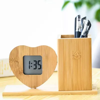 Multifunctional Wooden Cube Pen, Holder Student Gift Alarm Clock Light Temperature And Date Display Alarm Clock/
