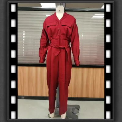 OEM woman's polyester jumpsuits v-neck long sleeve with self fabric band at cuff and waist front placket with buttons