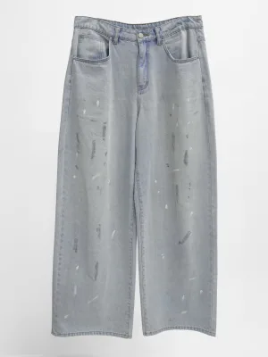 Painter Loose Fit Jeans Mens Wide Leg Bleach Wash Denim Paint Splatter Oil Stain Distressed Workwear High Waist Raw Hem