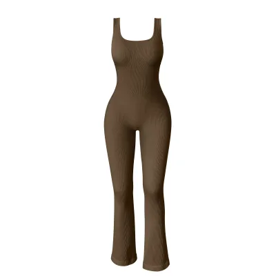 Hot Sale Women's Sports Fitness Sleeveless Square Neck Seamless Ribbed Yoga Leggings Jumpsuit