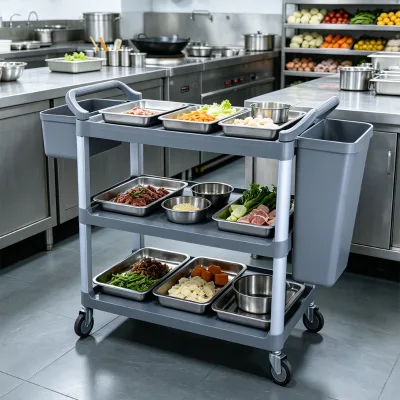 Commercial Sturdy Frame Buffet Hall Bubble Waste Collection 3-Tier Rolling Trolley Plastic Serving Cart With Trash Buckets