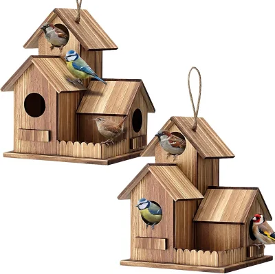 2 Pcs Bird Houses for Outside 3 Hole Wooden Bird Houses Garden Backyard Decor Weather Resistant