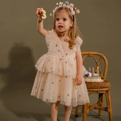 2025 Spring and Summer Lace Cherry Girl Solid Color Lace Dream Princess Dress Sleeveless Cherry Fashion Girl Dress
