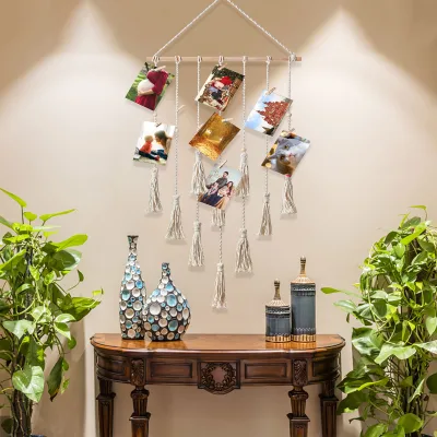 Hot-selling Art Deco Macrame Handmade Wooden Stick Tassel Photo Display Rack for Birthday Wedding Home Decoration Wall Hanging