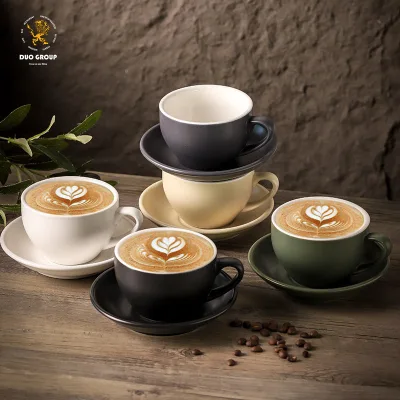 Customized logo Thickened 300ml Two-tone Coffee Mug Set for Commercial Use Wide Mouth Latte Art Cup
