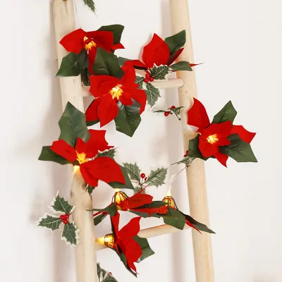 Eco-Friendly Fabric Christmas Flower String Lights Red LED Floral Fairy Garland for Home Office Xmas Party Ornaments