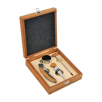 Custom 4pcs Bamboo Wine Corkscrew Bar Set with Square Wooden Box for Gifts