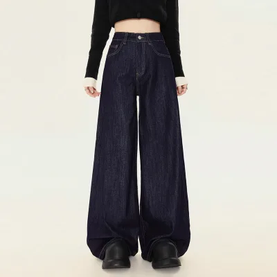 Custom Embroidery Logo Heavy Blue Straight Women's Trousers Wide Leg Baggy Denim Jeans Pants Women