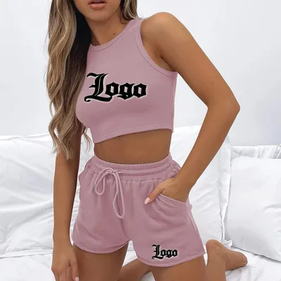 Custom LOGO Summer Women Knitted Clothing Set Casual Tank Top and Shorts Women Two Piece Sport Set