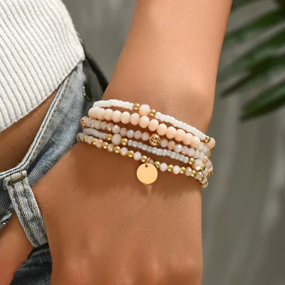 Boho Pendant Charm Bangles Bracelet Handmade Tassel Strand Crystal Multilayered Stretch Bracelet Set for Women Girls