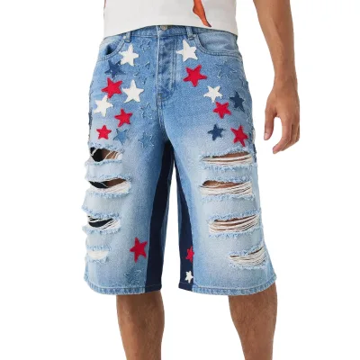 Light Blue Applique Long Denim Shorts Custom Distressed Design Baggy Wide Leg Shorts Streetwear Punk Y2K Shorts Polar Boy