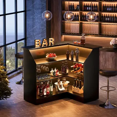 L-Shaped Home Bar Table with Stemware Racks 3-Tier Corner Bar Unit Liquor Wine Bar Table Reception Desk