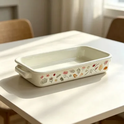 32x25x6cm Kitchen Restaurant Rectangular Enamelware Baking Pan Custom Flower logo Metal Enamel Butcher Serve Tray With Handle