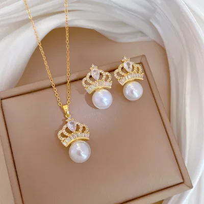 Gold Crown Pearl Crystal Necklace and Earrings Set for Women Elegant Princess Style Party Wedding Gift