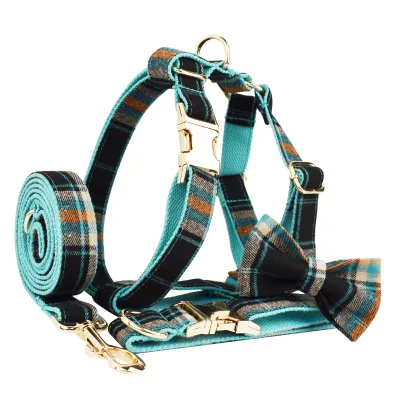 New-style Green-background Velvet Plaid Retro Fabric Pet Collar Dog Leash Harness Set with Bow OEM ODM Pet Supplies