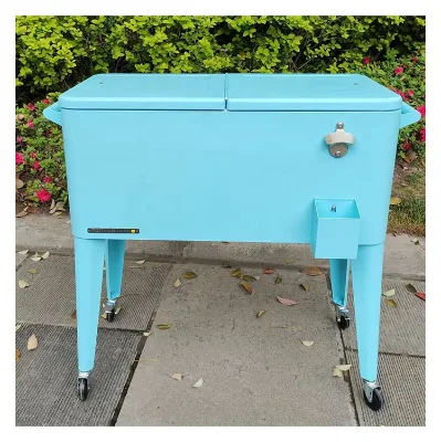 Outdoor Stainless Steel 4 Rolling Wheels Mobile Patio Cooler Cart Beverage Rolling Cooler Ice Drinks Bucket for Backyard Deck
