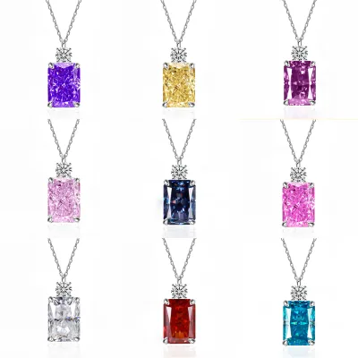Luxury S925 Silver Iced Out Rectangle Pendant Necklace 8A CZ Colorful Blue Pink Zirconia Chain Jewelry for Women