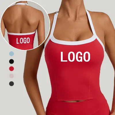 Customizable Logo Halter Sports Bra Adjustable Straps Color Blocking Backless Yoga Tank Top Contrast Binding Yoga Top