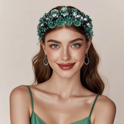 Fashion Rhinestone Headdress Heavy-duty Production Crystal Headband Green Leaf Personality Wide-brimmed Hair Accessories