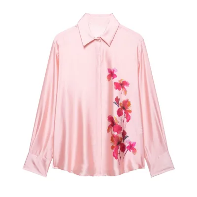 2025 Spring and Summer New Women's Lapel Shirt with Simple Flower Print, Button Decoration, Loose Fit and Cross - Border Source