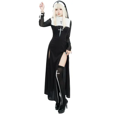 S-XL Women's Adult Echo Character Nun Costume Cosplay Halloween with Cross Polyester