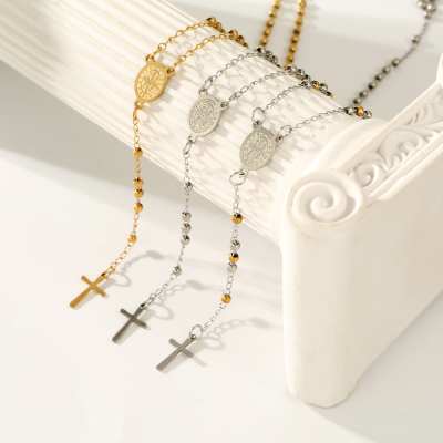 Stainless Steel Religious Catholic Christian Rosary Beads Jesus Cross Necklace Virgin Mary Chain Prayer Necklace
