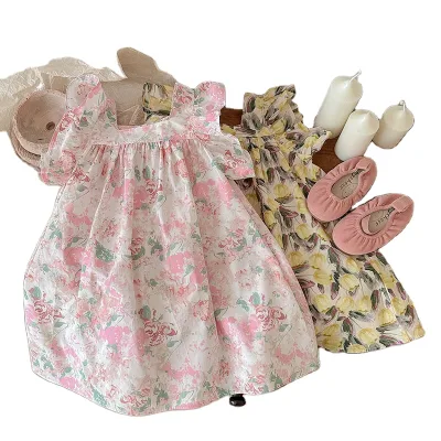 Summer Girls' Cotton Fly Sleeve Dresses Children's Pretty Beach Dresses Vacation Tank Dresses