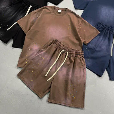 Men's Summer Streetwear Vintage Acid Wash Sun Faded Breathable 250g 100% Cotton Knitted Silk Screen Printed T-shirt Shorts Set