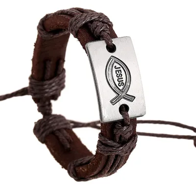Fashion Wrap Leather WBangles Alloy Lettering Vintage Leather Wristband Letter I love Jesus Charm Religion Hemp Rope Bracelet