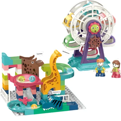 Children Toys Dinosaur Ferris Wheel Rolling Ball Assemble by Self Building Blocks Marble Run With Doll