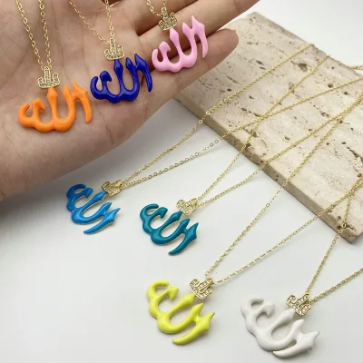 Fashion Women Necklaces Enamel Multicolor Copper Neon Zircon Allah Religious Pendant Necklace