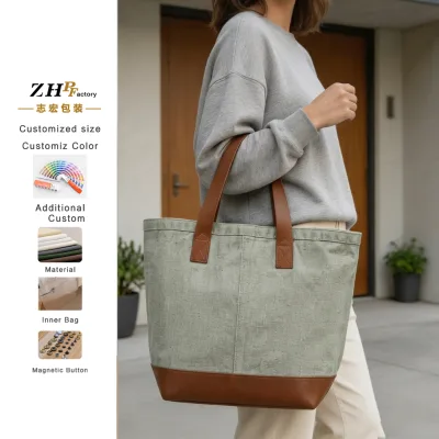 Customized Vintage Women Tote Bag Heavy Duty Cotton Canvas Spliced PU Leather Bottom Travel Groceries Bag Simple Shopping Tote