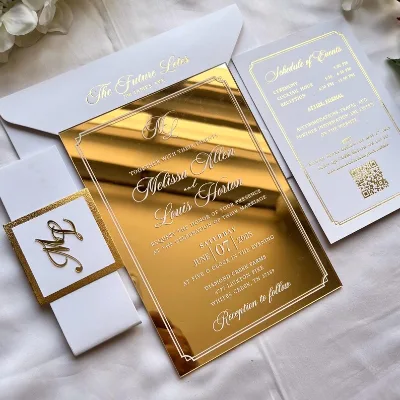 Gold Mirror Acrylic Wedding Invitations Set with White Envelopes, Unique Invitation Invites Suite, Invitaciones de Boda