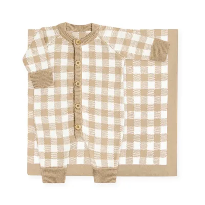 New Arrival Unisex Baby Sweater Cotton Customization Knitted Checkered Pattern Jumpsuit and Knitted Blanket Set