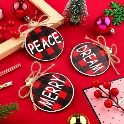 Red Plaid Wooden Hanging Ornaments & Pendant Festival Style Christmas Tree Decorations for Home