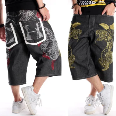 European American Fashion Brand Men's Mid Cropped Denim Shorts Hip Hop Embroidered Quick Dry Straight Tube Loose Plus Size